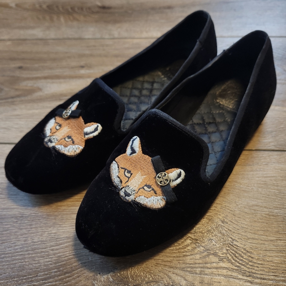 Tory Burch Black Velvet Fox Embroidered Loafers